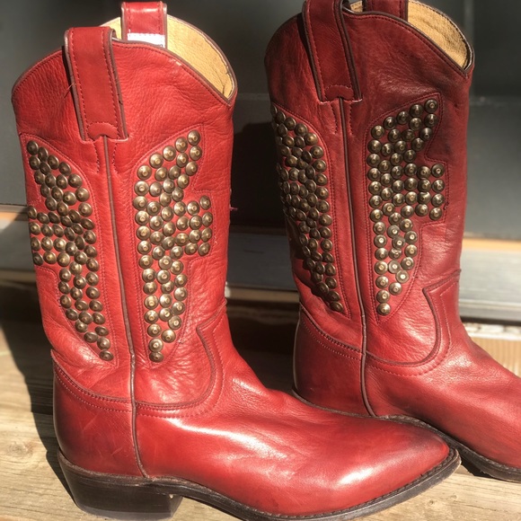 Frye Shoes - Frye Deep Red Billy Hammered Stud Leather Boots
